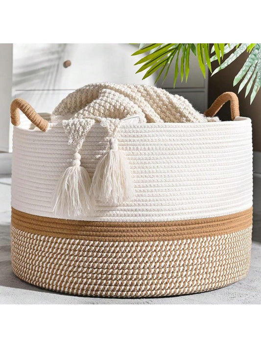 1pc- Large Blanket Basket (20 "X13"), Woven Basket For Storing Baby Laundry Baskets, Rope Blanket Basket For Living Room, Laundry Room, Nursery, Pillow, Toy Box