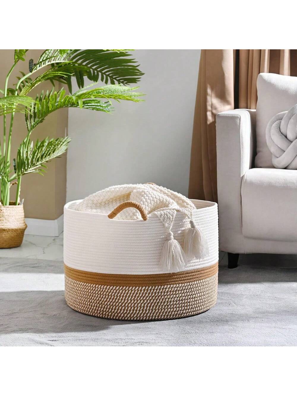 1pc- Large Blanket Basket (20 "X13"), Woven Basket For Storing Baby Laundry Baskets, Rope Blanket Basket For Living Room, Laundry Room, Nursery, Pillow, Toy Box