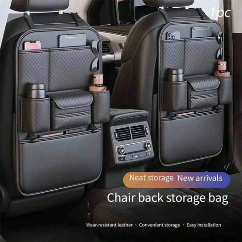 1pc Large Capacity PU Leather Car Seat Back Storage Bag With Dual Cup Holders & Tissue Box, Black Anti-Kick Car Organizer With Multi-Compartments For Water Bottles, Tablets & Accessories, Easy To Clea
