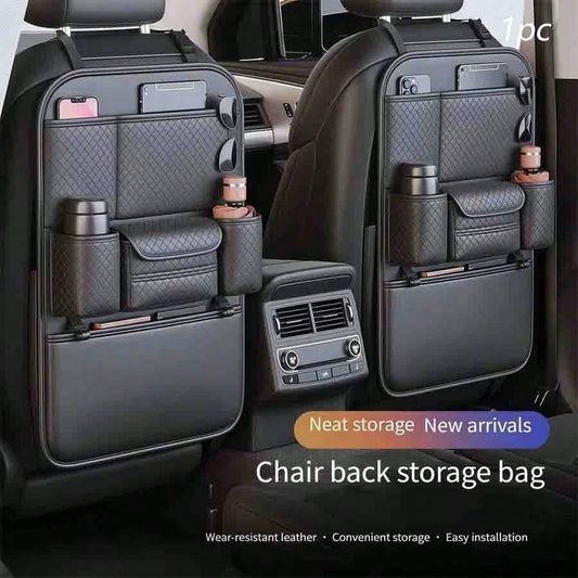 1pc Large Capacity PU Leather Car Seat Back Storage Bag With Dual Cup Holders & Tissue Box, Black Anti-Kick Car Organizer With Multi-Compartments For Water Bottles, Tablets & Accessories, Easy To Clea