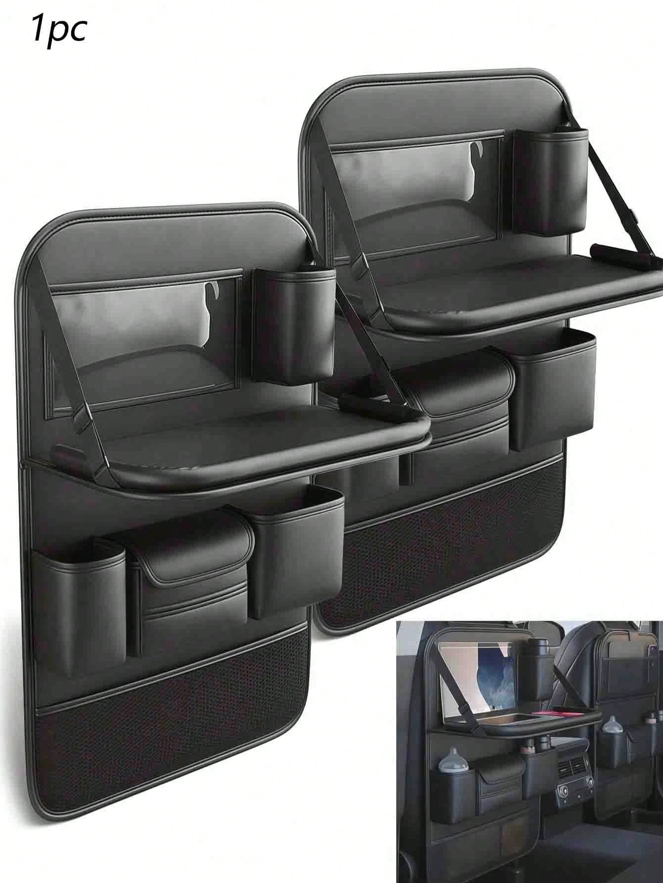 1pc Large Capacity PU Leather Car Seat Back Storage Bag With Dual Cup Holders & Tissue Box, Black Anti-Kick Car Organizer With Multi-Compartments For Water Bottles, Tablets & Accessories, Easy To Clea