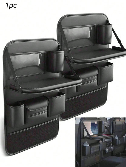 1pc Large Capacity PU Leather Car Seat Back Storage Bag With Dual Cup Holders & Tissue Box, Black Anti-Kick Car Organizer With Multi-Compartments For Water Bottles, Tablets & Accessories, Easy To Clea
