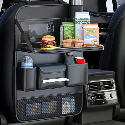1pc Large Capacity PU Leather Car Seat Back Storage Bag With Dual Cup Holders & Tissue Box, Black Anti-Kick Car Organizer With Multi-Compartments For Water Bottles, Tablets & Accessories, Easy To Clea