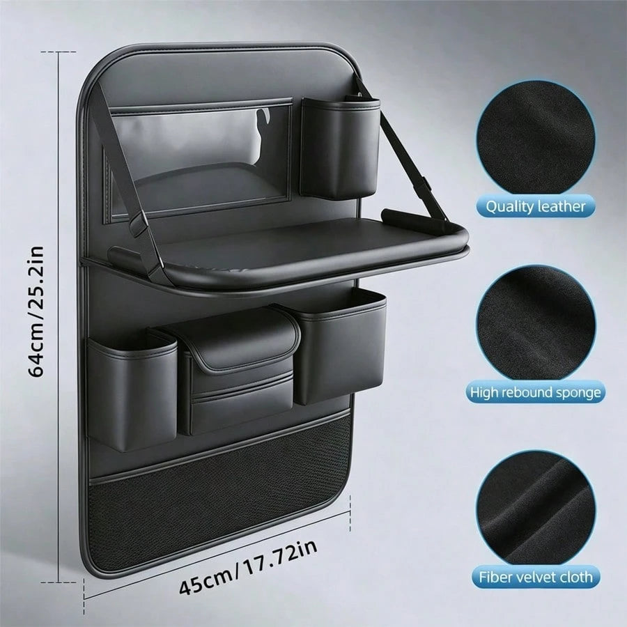 1pc Large Capacity PU Leather Car Seat Back Storage Bag With Dual Cup Holders & Tissue Box, Black Anti-Kick Car Organizer With Multi-Compartments For Water Bottles, Tablets & Accessories, Easy To Clea