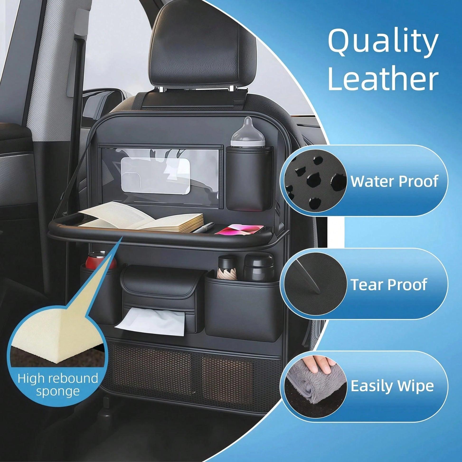 1pc Large Capacity PU Leather Car Seat Back Storage Bag With Dual Cup Holders & Tissue Box, Black Anti-Kick Car Organizer With Multi-Compartments For Water Bottles, Tablets & Accessories, Easy To Clea