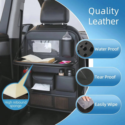 1pc Large Capacity PU Leather Car Seat Back Storage Bag With Dual Cup Holders & Tissue Box, Black Anti-Kick Car Organizer With Multi-Compartments For Water Bottles, Tablets & Accessories, Easy To Clea