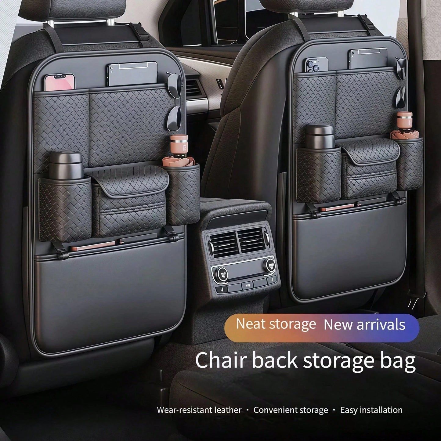1pc Large Capacity PU Leather Car Seat Back Storage Bag With Dual Cup Holders & Tissue Box, Black Anti-Kick Car Organizer With Multi-Compartments For Water Bottles, Tablets & Accessories, Easy To Clea