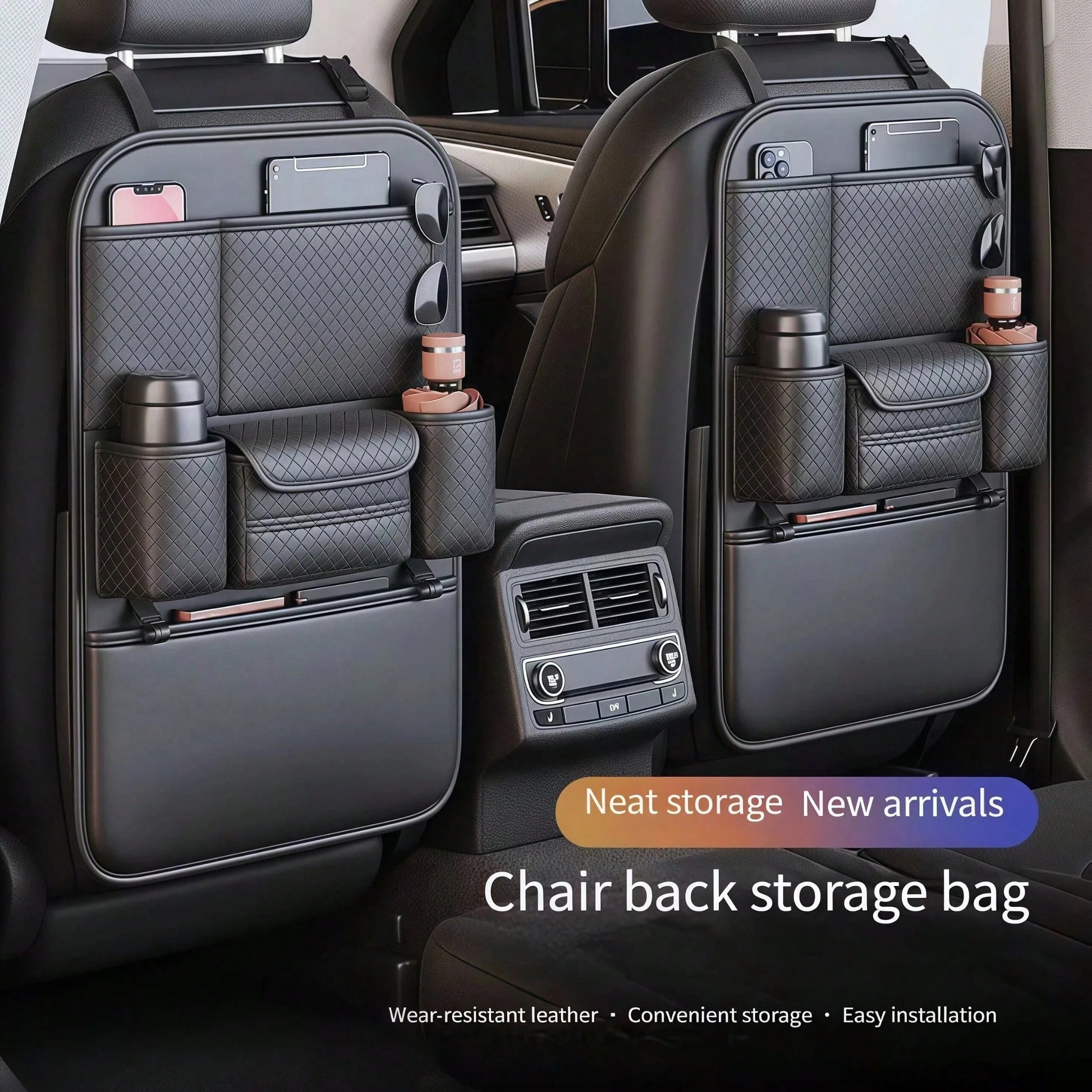 1pc Large Capacity PU Leather Car Seat Back Storage Bag With Dual Cup Holders & Tissue Box, Black Anti-Kick Car Organizer With Multi-Compartments For Water Bottles, Tablets & Accessories, Easy To Clea