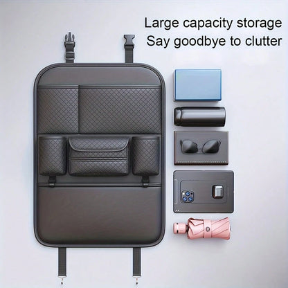 1pc Large Capacity PU Leather Car Seat Back Storage Bag With Dual Cup Holders & Tissue Box, Black Anti-Kick Car Organizer With Multi-Compartments For Water Bottles, Tablets & Accessories, Easy To Clea