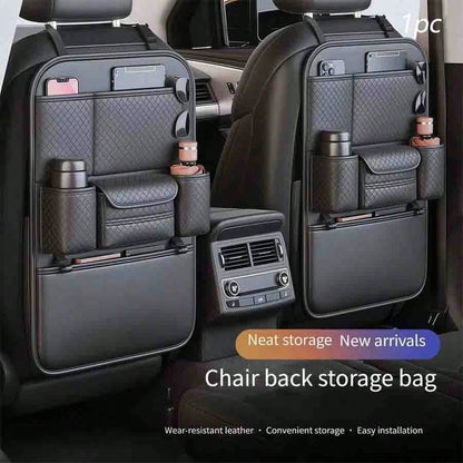 1pc Large Capacity PU Leather Car Seat Back Storage Bag With Dual Cup Holders & Tissue Box, Black Anti-Kick Car Organizer With Multi-Compartments For Water Bottles, Tablets & Accessories, Easy To Clea