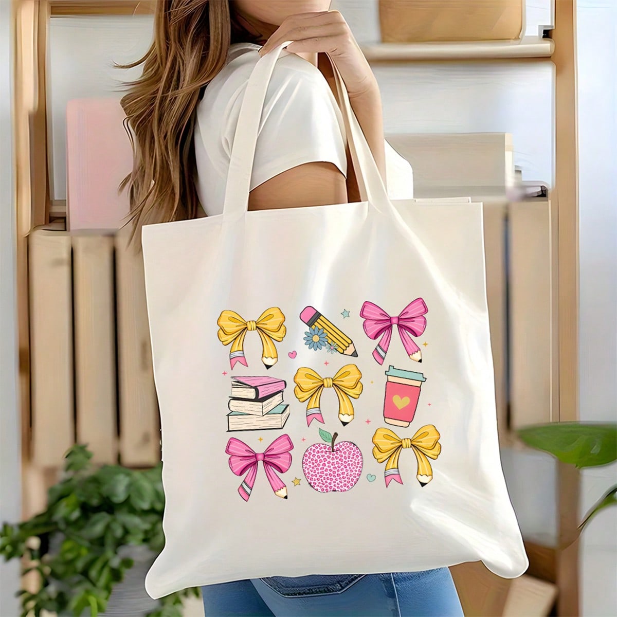 1pc Large School-Themed Bow & Book Print Canvas Tote Bag- Durable-Like Fabric Bookbag With Pencil & Heart Bow Design, White Reusable Grocery Bag For, Teachers, Students- Ideal Gift For School Suppl