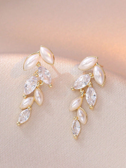 1pc, Leaf Tassel Faux Pearl Zirconia Earrings, French Simple Elegant High-Grade Ear Accessories, New Year Gift,Summer,Jewellery,Festival,Classy