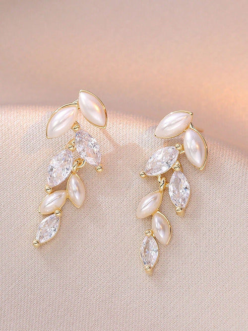 1pc, Leaf Tassel Faux Pearl Zirconia Earrings, French Simple Elegant High-Grade Ear Accessories, New Year Gift,Summer,Jewellery,Festival,Classy