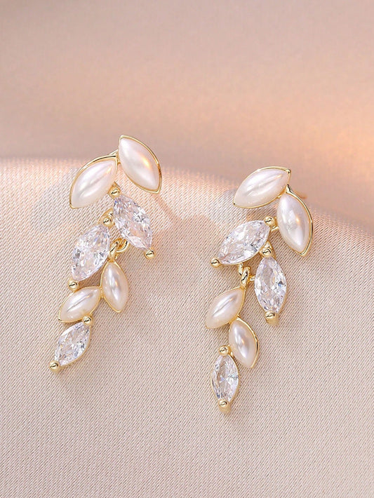 1pc, Leaf Tassel Faux Pearl Zirconia Earrings, French Simple Elegant High-Grade Ear Accessories, New Year Gift,Summer,Jewellery,Festival,Classy
