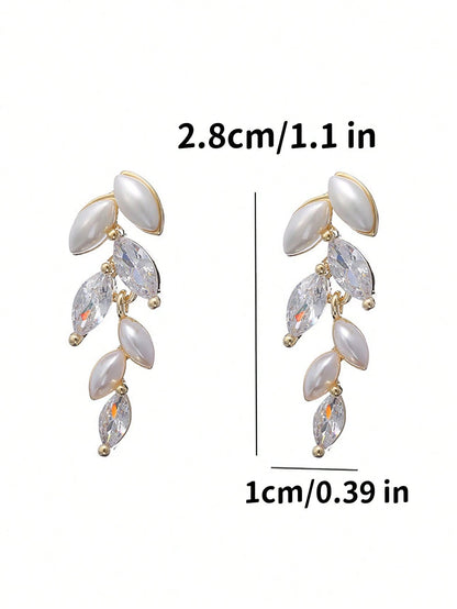 1pc, Leaf Tassel Faux Pearl Zirconia Earrings, French Simple Elegant High-Grade Ear Accessories, New Year Gift,Summer,Jewellery,Festival,Classy