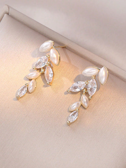 1pc, Leaf Tassel Faux Pearl Zirconia Earrings, French Simple Elegant High-Grade Ear Accessories, New Year Gift,Summer,Jewellery,Festival,Classy