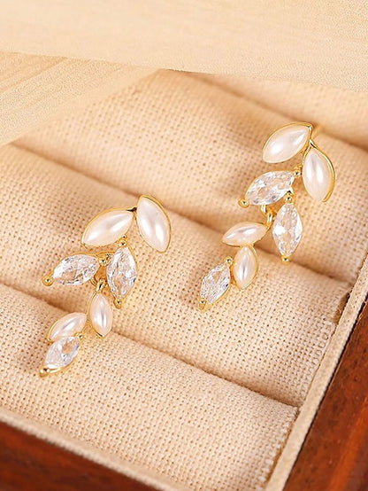 1pc, Leaf Tassel Faux Pearl Zirconia Earrings, French Simple Elegant High-Grade Ear Accessories, New Year Gift,Summer,Jewellery,Festival,Classy
