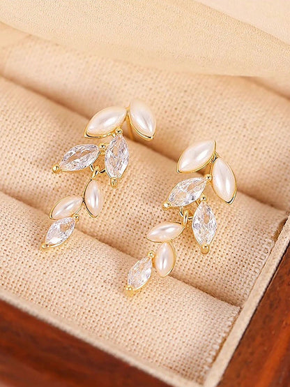 1pc, Leaf Tassel Faux Pearl Zirconia Earrings, French Simple Elegant High-Grade Ear Accessories, New Year Gift,Summer,Jewellery,Festival,Classy