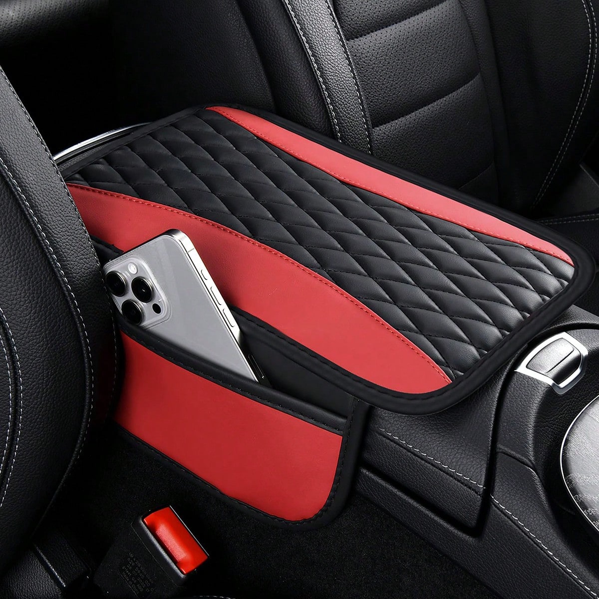 1pc Leather Patchwork Center Armrest Cover, Upgraded Armrest Sleeve With Side Storage Pocket, Can Be Used As Car Seat Organizer Bag, Fashionable Car Decor, Fits Most Sedans, Vehicles And SUVs