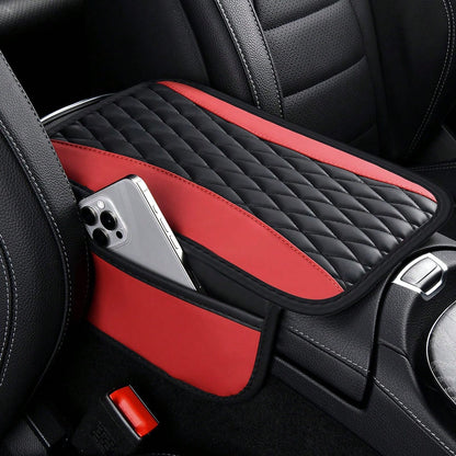 1pc Leather Patchwork Center Armrest Cover, Upgraded Armrest Sleeve With Side Storage Pocket, Can Be Used As Car Seat Organizer Bag, Fashionable Car Decor, Fits Most Sedans, Vehicles And SUVs