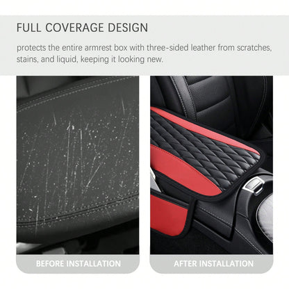 1pc Leather Patchwork Center Armrest Cover, Upgraded Armrest Sleeve With Side Storage Pocket, Can Be Used As Car Seat Organizer Bag, Fashionable Car Decor, Fits Most Sedans, Vehicles And SUVs