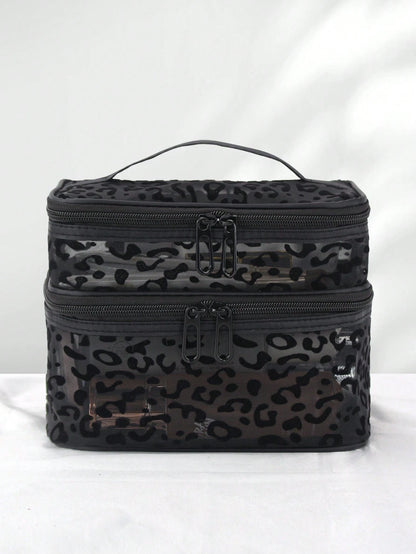 1pc Leopard Print Black Mesh Double-Layer Makeup Bag, Portable Handheld, Large Capacity, Suitable For Storing Cosmetics And Makeup Tools, Ideal For Home And Outdoor Use, Essential Gift For Women, Make