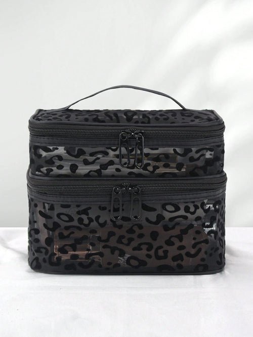1pc Leopard Print Black Mesh Double-Layer Makeup Bag, Portable Handheld, Large Capacity, Suitable For Storing Cosmetics And Makeup Tools, Ideal For Home And Outdoor Use, Essential Gift For Women, Make