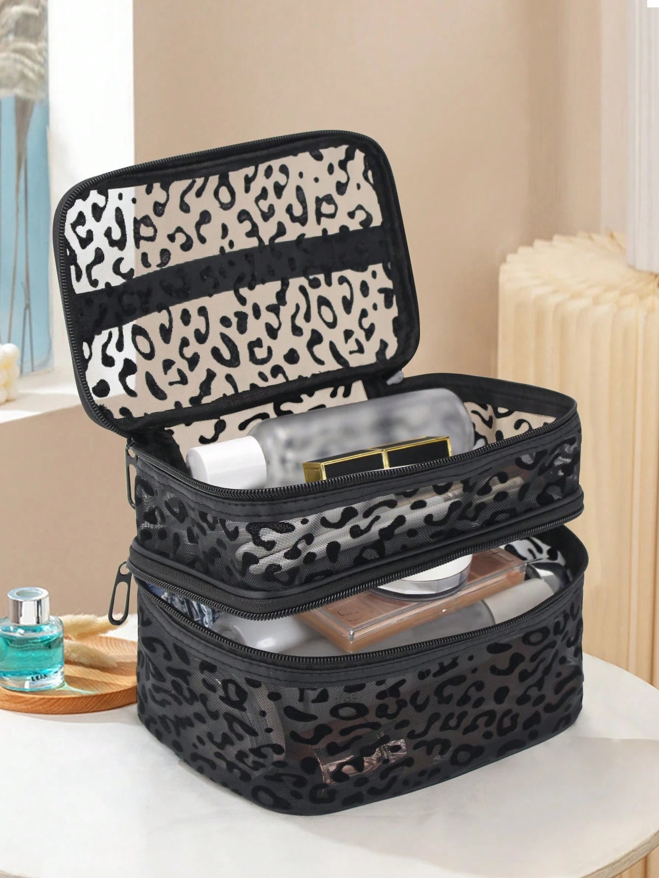 1pc Leopard Print Black Mesh Double-Layer Makeup Bag, Portable Handheld, Large Capacity, Suitable For Storing Cosmetics And Makeup Tools, Ideal For Home And Outdoor Use, Essential Gift For Women, Make