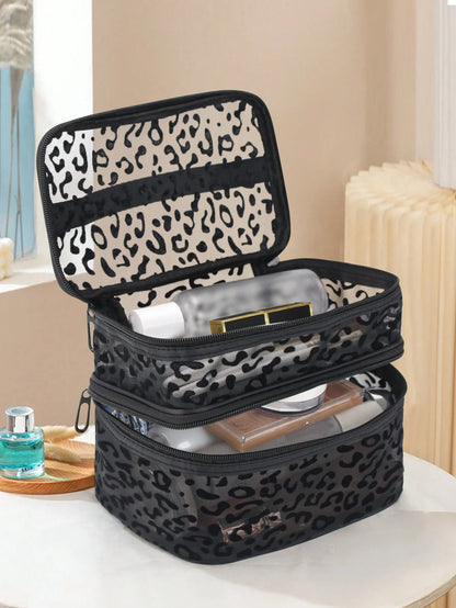 1pc Leopard Print Black Mesh Double-Layer Makeup Bag, Portable Handheld, Large Capacity, Suitable For Storing Cosmetics And Makeup Tools, Ideal For Home And Outdoor Use, Essential Gift For Women, Make