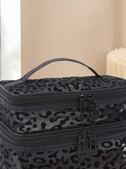1pc Leopard Print Black Mesh Double-Layer Makeup Bag, Portable Handheld, Large Capacity, Suitable For Storing Cosmetics And Makeup Tools, Ideal For Home And Outdoor Use, Essential Gift For Women, Make