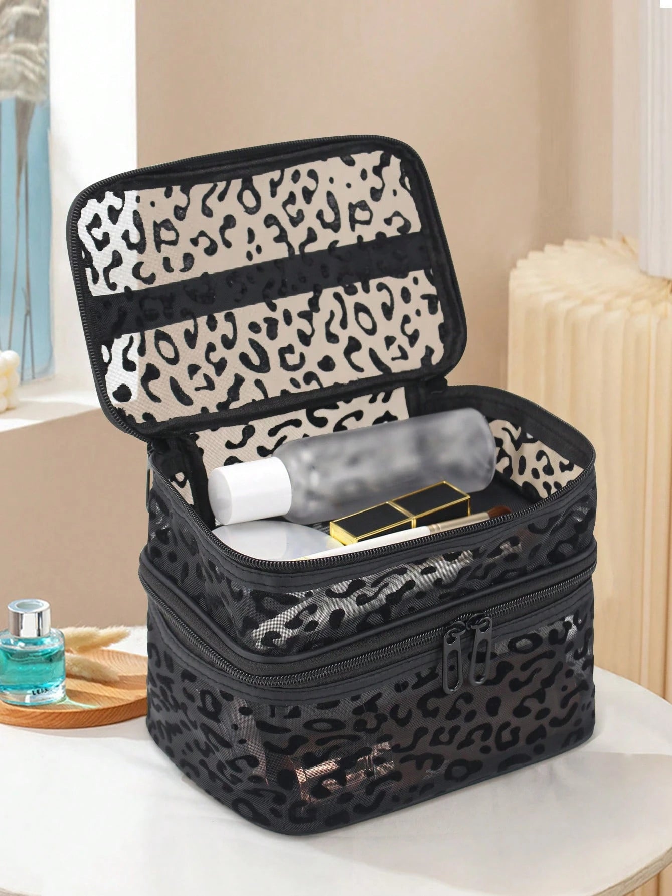 1pc Leopard Print Black Mesh Double-Layer Makeup Bag, Portable Handheld, Large Capacity, Suitable For Storing Cosmetics And Makeup Tools, Ideal For Home And Outdoor Use, Essential Gift For Women, Make