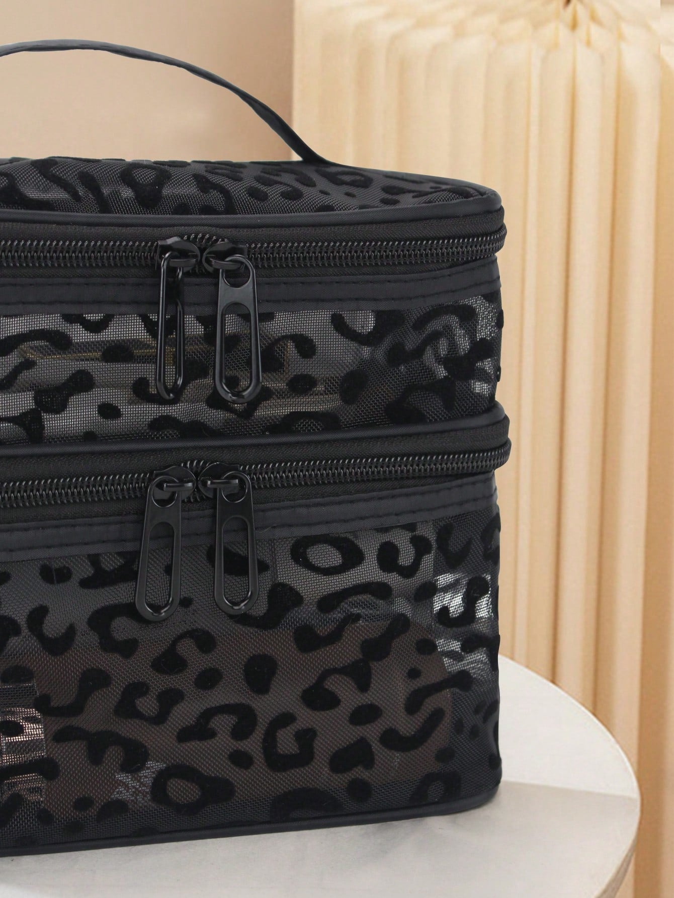 1pc Leopard Print Black Mesh Double-Layer Makeup Bag, Portable Handheld, Large Capacity, Suitable For Storing Cosmetics And Makeup Tools, Ideal For Home And Outdoor Use, Essential Gift For Women, Make