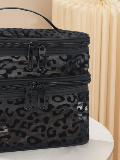1pc Leopard Print Black Mesh Double-Layer Makeup Bag, Portable Handheld, Large Capacity, Suitable For Storing Cosmetics And Makeup Tools, Ideal For Home And Outdoor Use, Essential Gift For Women, Make