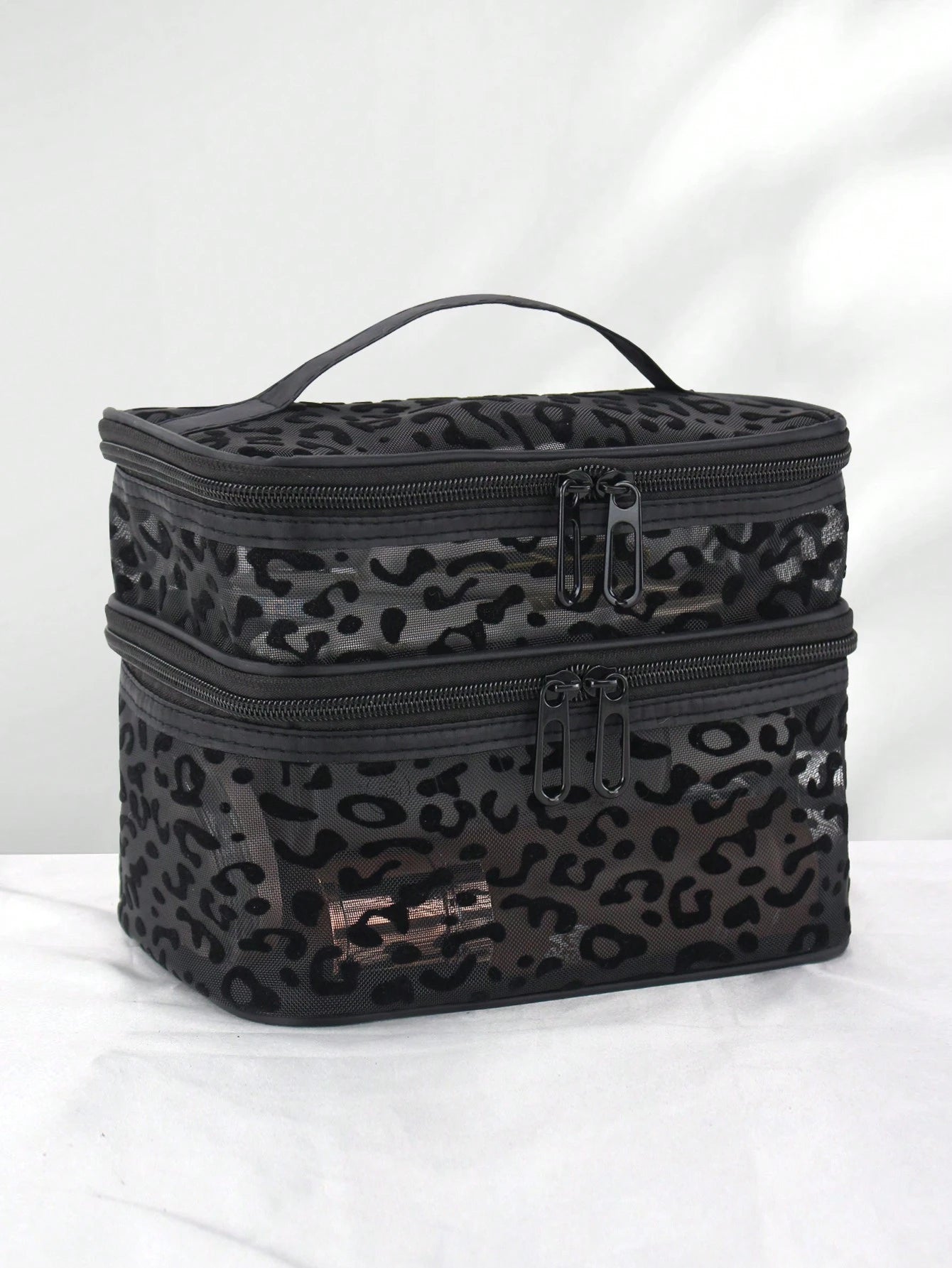 1pc Leopard Print Black Mesh Double-Layer Makeup Bag, Portable Handheld, Large Capacity, Suitable For Storing Cosmetics And Makeup Tools, Ideal For Home And Outdoor Use, Essential Gift For Women, Make