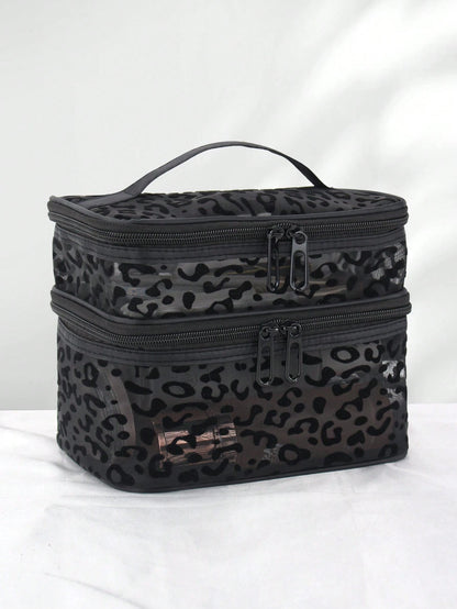 1pc Leopard Print Black Mesh Double-Layer Makeup Bag, Portable Handheld, Large Capacity, Suitable For Storing Cosmetics And Makeup Tools, Ideal For Home And Outdoor Use, Essential Gift For Women, Make
