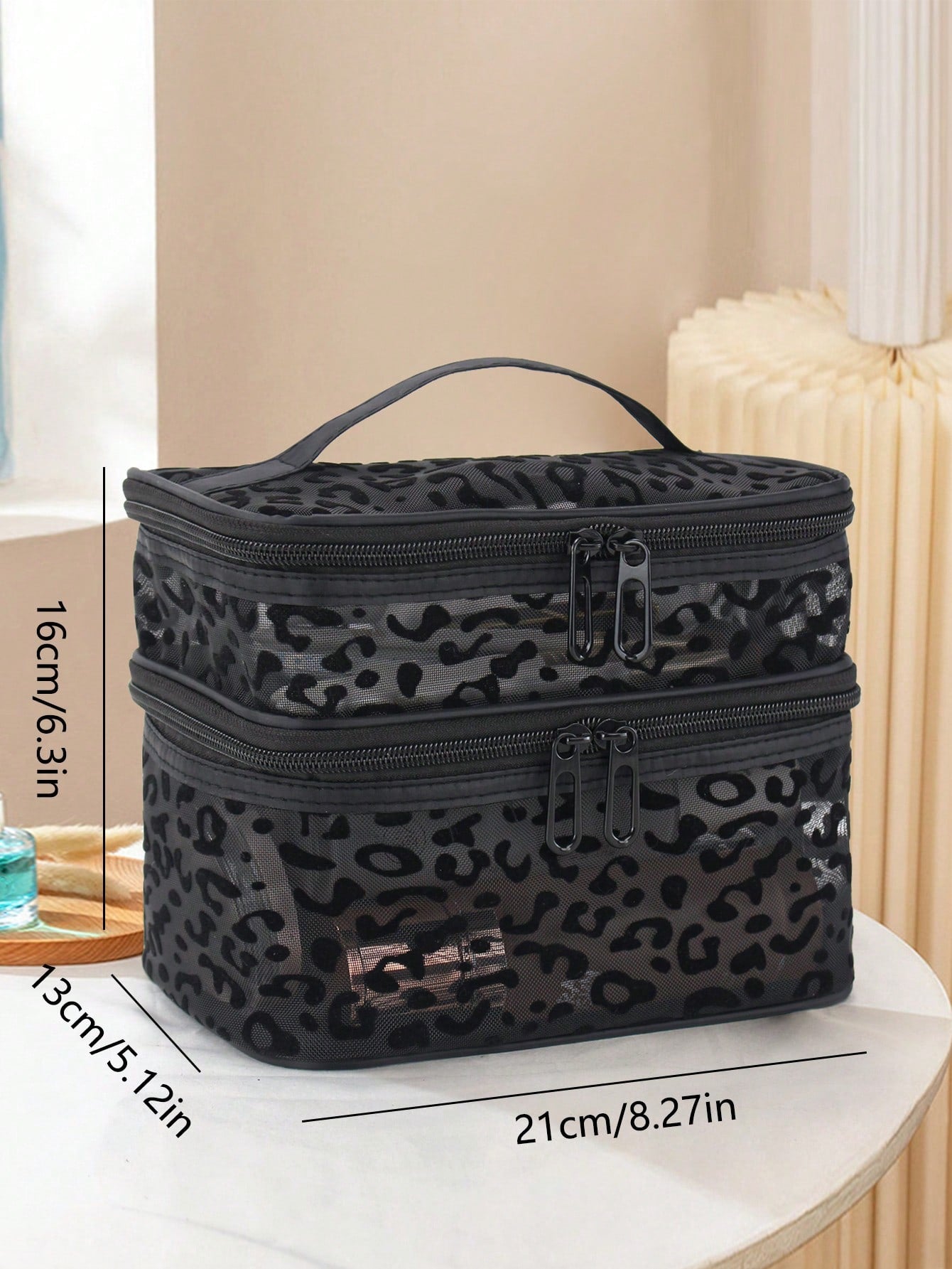 1pc Leopard Print Black Mesh Double-Layer Makeup Bag, Portable Handheld, Large Capacity, Suitable For Storing Cosmetics And Makeup Tools, Ideal For Home And Outdoor Use, Essential Gift For Women, Make