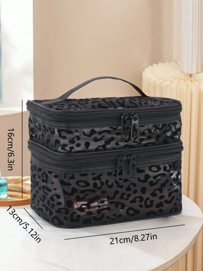 1pc Leopard Print Black Mesh Double-Layer Makeup Bag, Portable Handheld, Large Capacity, Suitable For Storing Cosmetics And Makeup Tools, Ideal For Home And Outdoor Use, Essential Gift For Women, Make