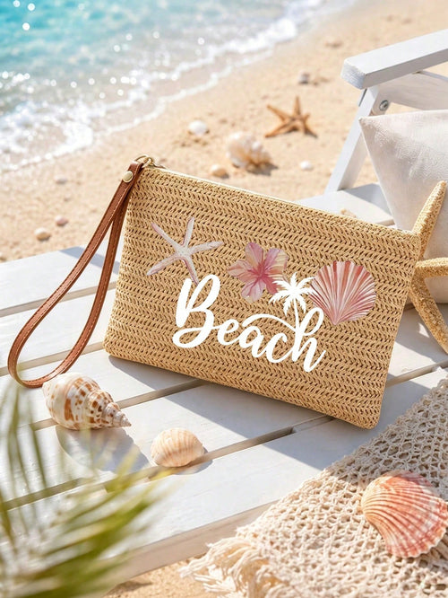 1pc Letter Print Straw Woven Casual Clutch, Woven Single Small Wallet, Vintage Straw Handbag, Bohemian Style Summer Beach Bag, Minimalist Straw Bag, Women's Woven Handbag, Suitable For Travel And Picn