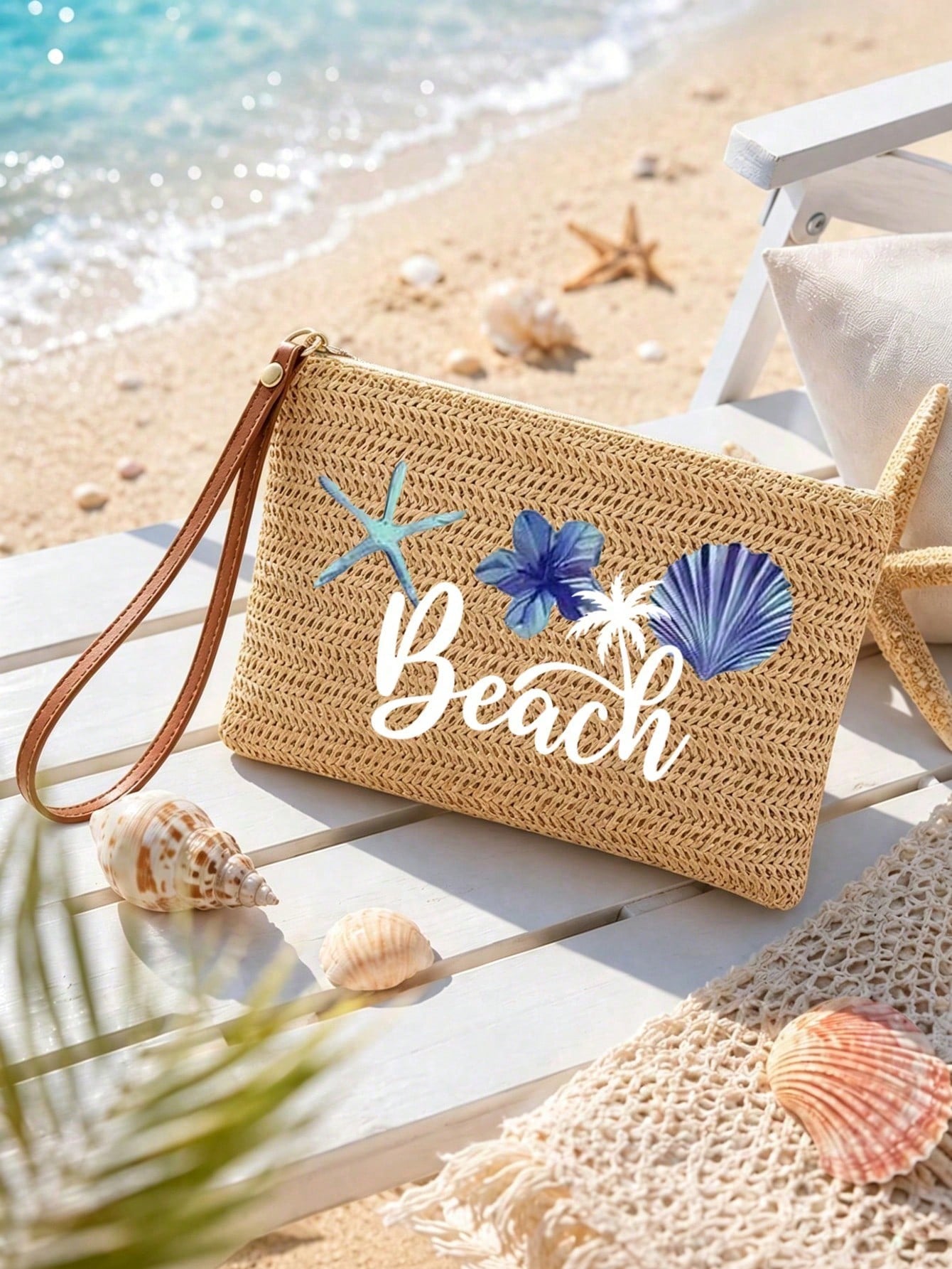 1pc Letter Print Straw Woven Casual Clutch, Woven Single Small Wallet, Vintage Straw Handbag, Bohemian Style Summer Beach Bag, Minimalist Straw Bag, Women's Woven Handbag, Suitable For Travel And Picn