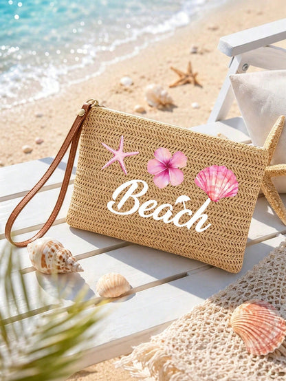 1pc Letter Print Straw Woven Casual Clutch, Woven Single Small Wallet, Vintage Straw Handbag, Bohemian Style Summer Beach Bag, Minimalist Straw Bag, Women's Woven Handbag, Suitable For Travel And Picn