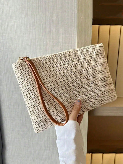 1pc Letter Print Straw Woven Casual Clutch, Woven Single Small Wallet, Vintage Straw Handbag, Bohemian Style Summer Beach Bag, Minimalist Straw Bag, Women's Woven Handbag, Suitable For Travel And Picn