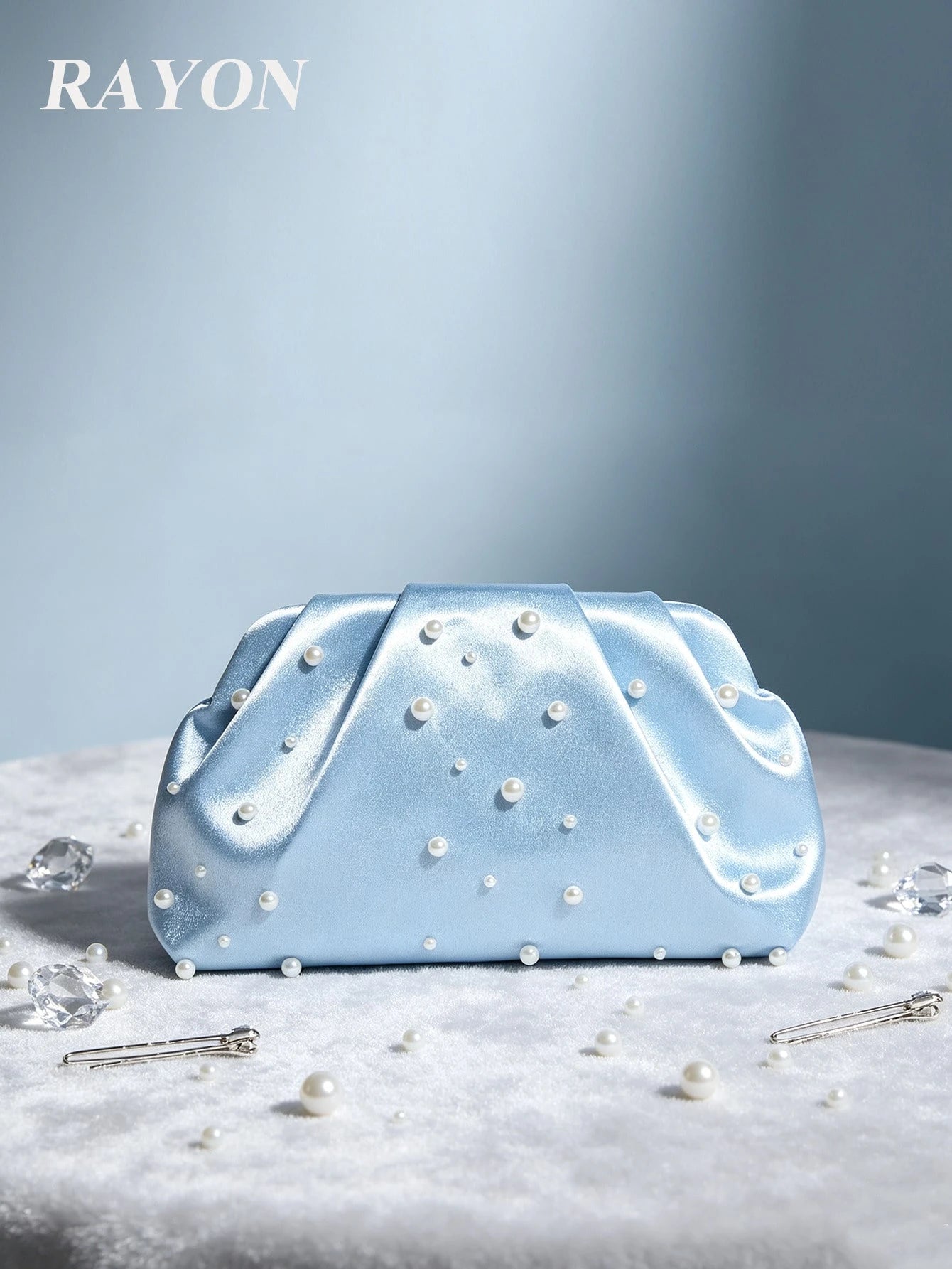 1pc Light Blue Satin Silk Soft Pearl Cloud Pleated Clutch Bag With Chain Strap, Suitable For Evening Party And Formal Occasions