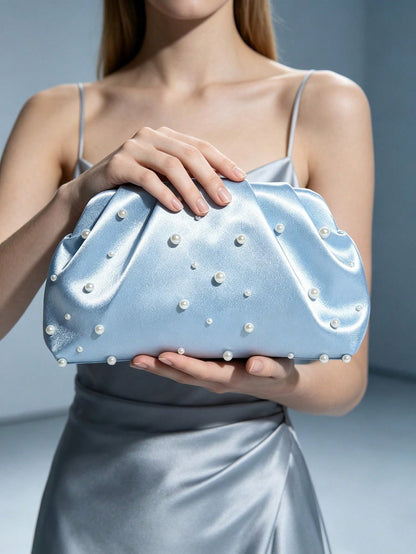1pc Light Blue Satin Silk Soft Pearl Cloud Pleated Clutch Bag With Chain Strap, Suitable For Evening Party And Formal Occasions