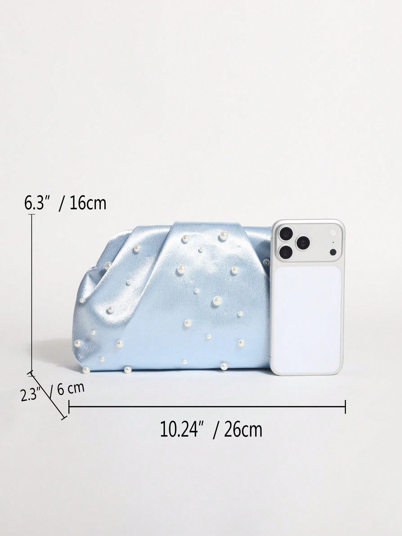 1pc Light Blue Satin Silk Soft Pearl Cloud Pleated Clutch Bag With Chain Strap, Suitable For Evening Party And Formal Occasions