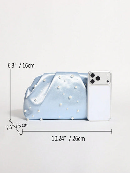 1pc Light Blue Satin Silk Soft Pearl Cloud Pleated Clutch Bag With Chain Strap, Suitable For Evening Party And Formal Occasions