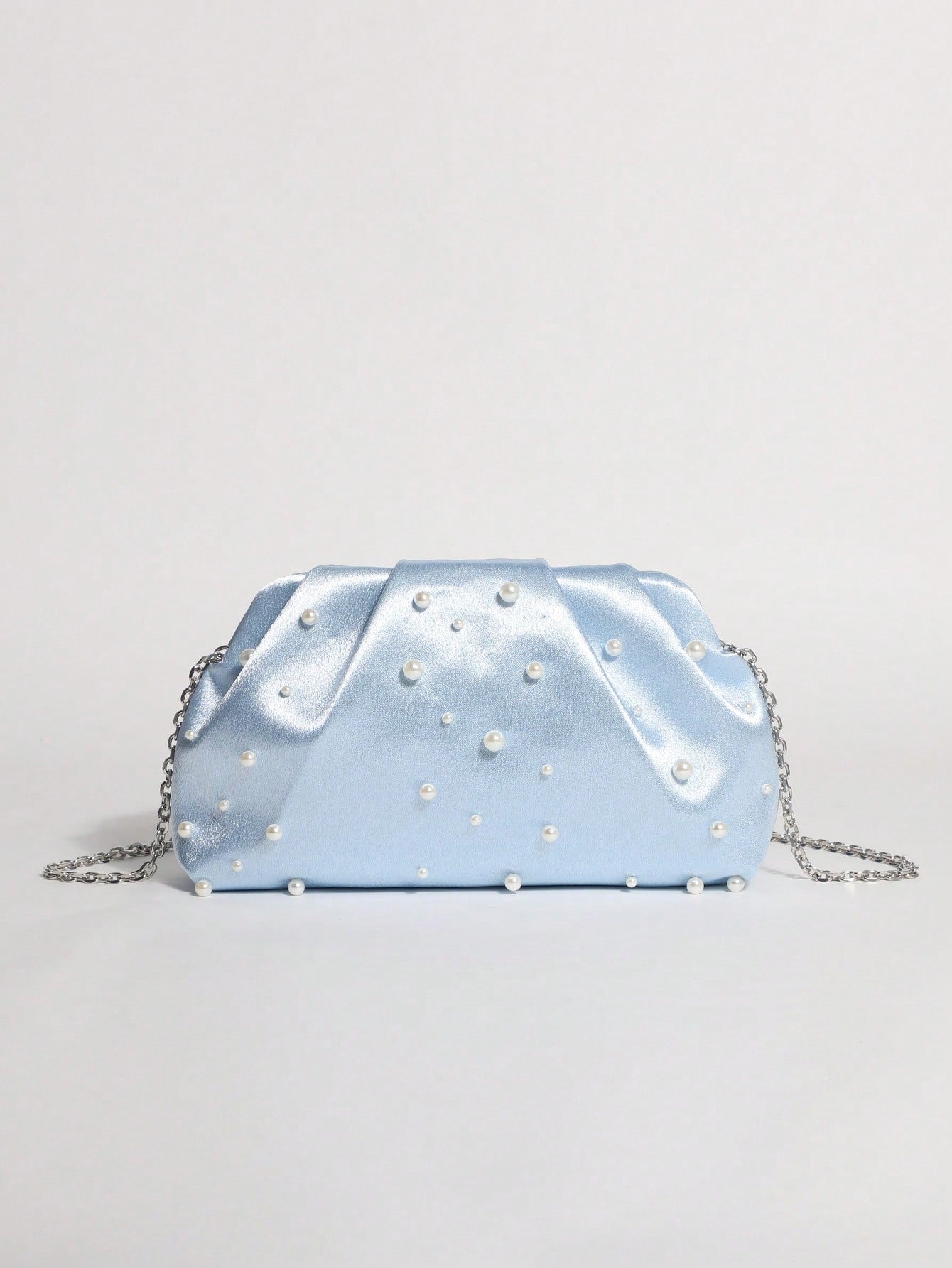 1pc Light Blue Satin Silk Soft Pearl Cloud Pleated Clutch Bag With Chain Strap, Suitable For Evening Party And Formal Occasions