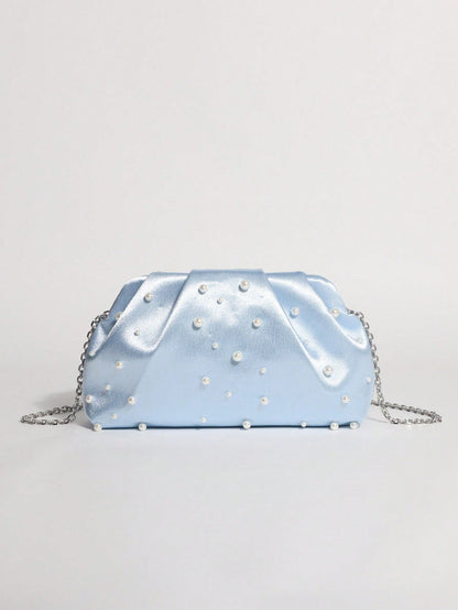 1pc Light Blue Satin Silk Soft Pearl Cloud Pleated Clutch Bag With Chain Strap, Suitable For Evening Party And Formal Occasions
