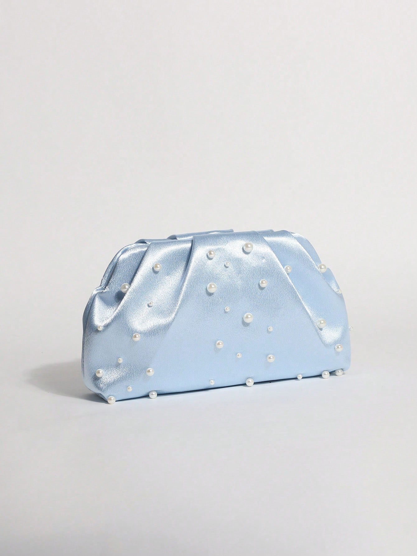 1pc Light Blue Satin Silk Soft Pearl Cloud Pleated Clutch Bag With Chain Strap, Suitable For Evening Party And Formal Occasions