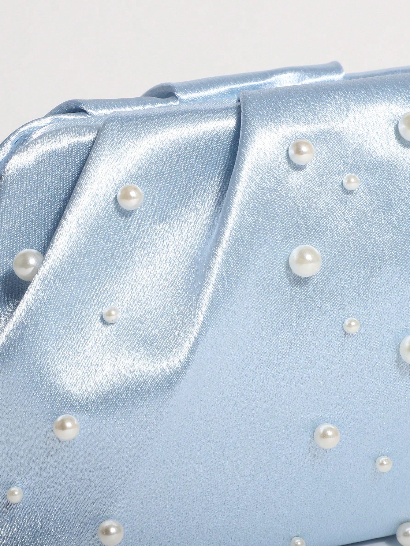 1pc Light Blue Satin Silk Soft Pearl Cloud Pleated Clutch Bag With Chain Strap, Suitable For Evening Party And Formal Occasions