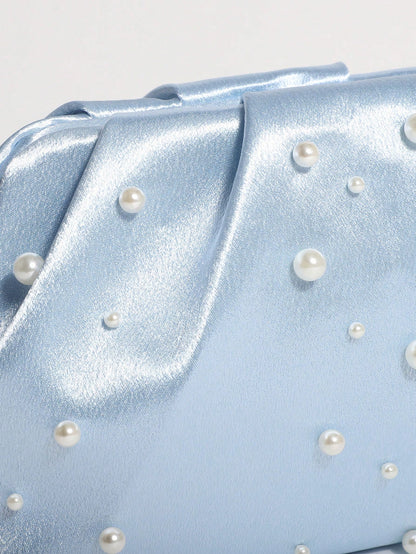1pc Light Blue Satin Silk Soft Pearl Cloud Pleated Clutch Bag With Chain Strap, Suitable For Evening Party And Formal Occasions
